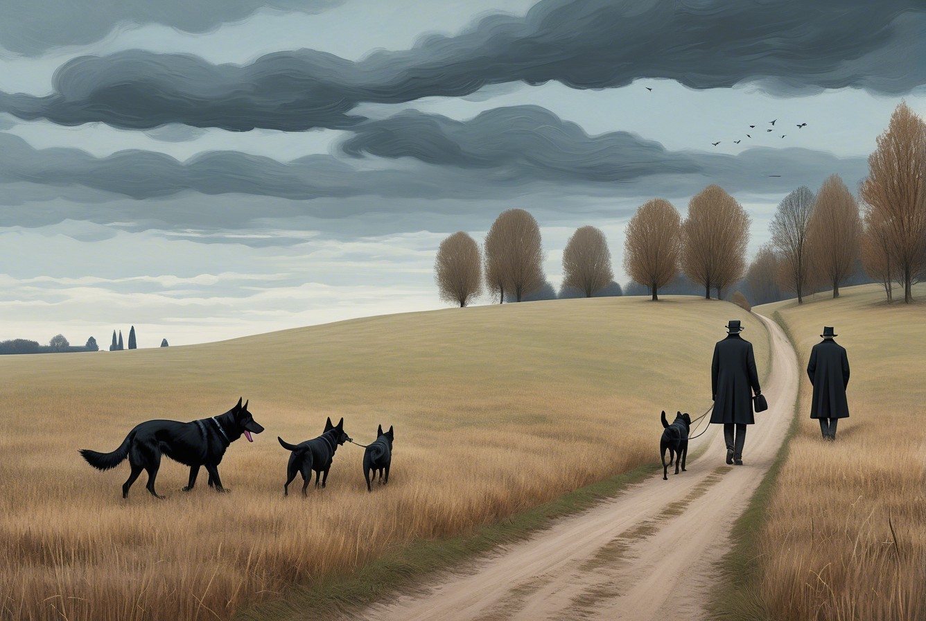 Figures in Top Hats Walking in a Golden Field