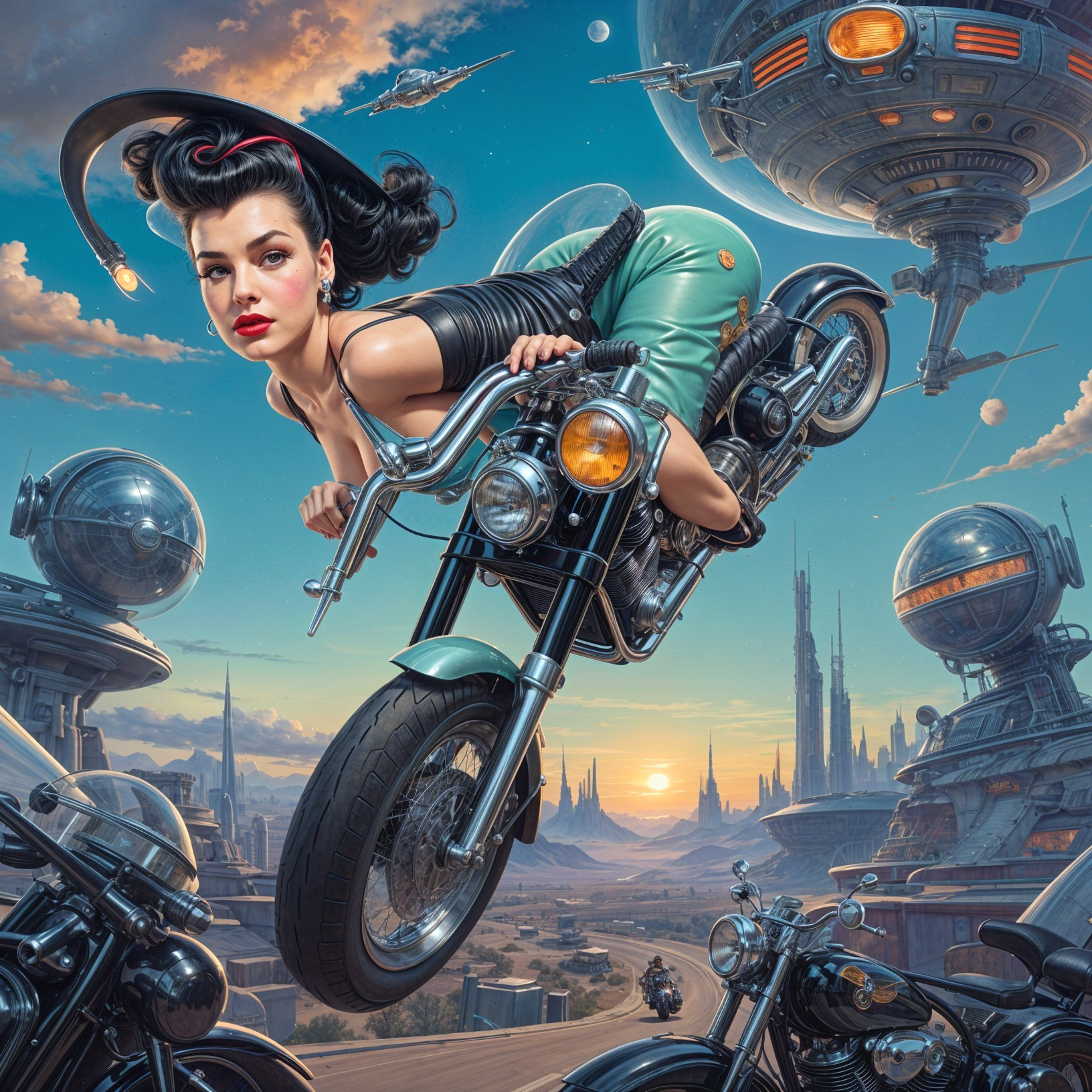 Retro-Inspired Woman with Motorcycle in Futuristic Setting