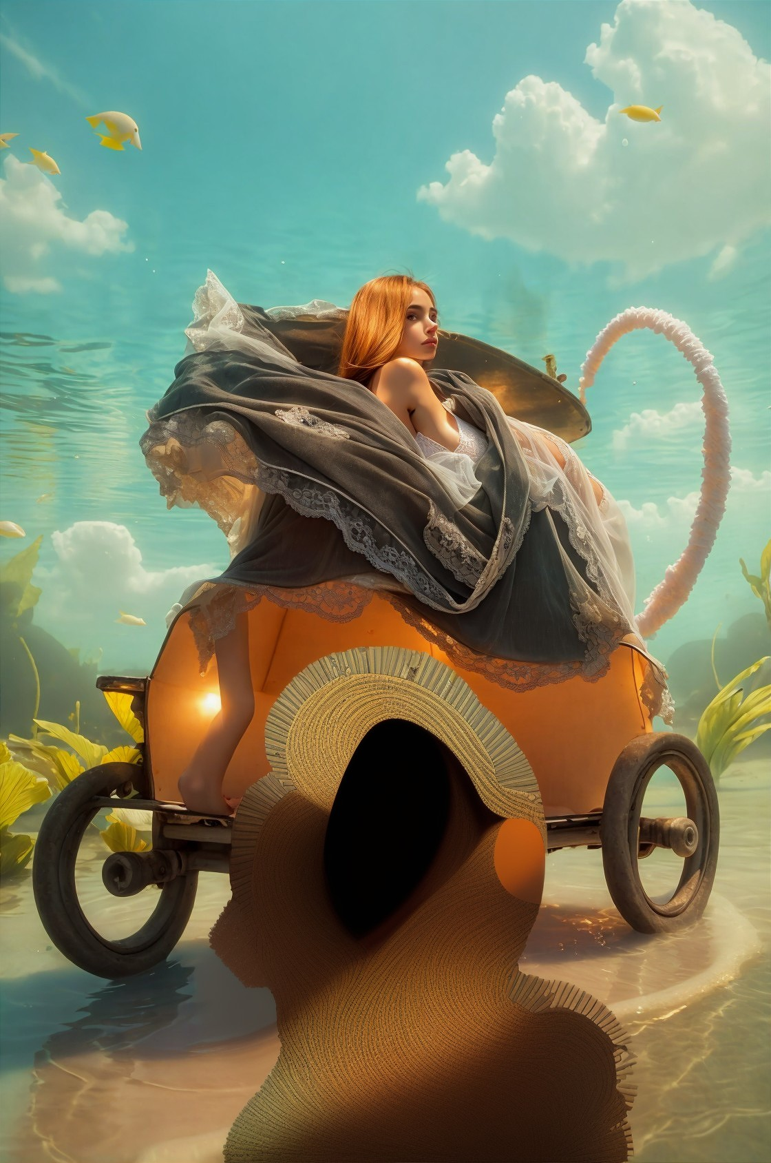 Surreal Underwater Scene with Floating Carriage and Fish