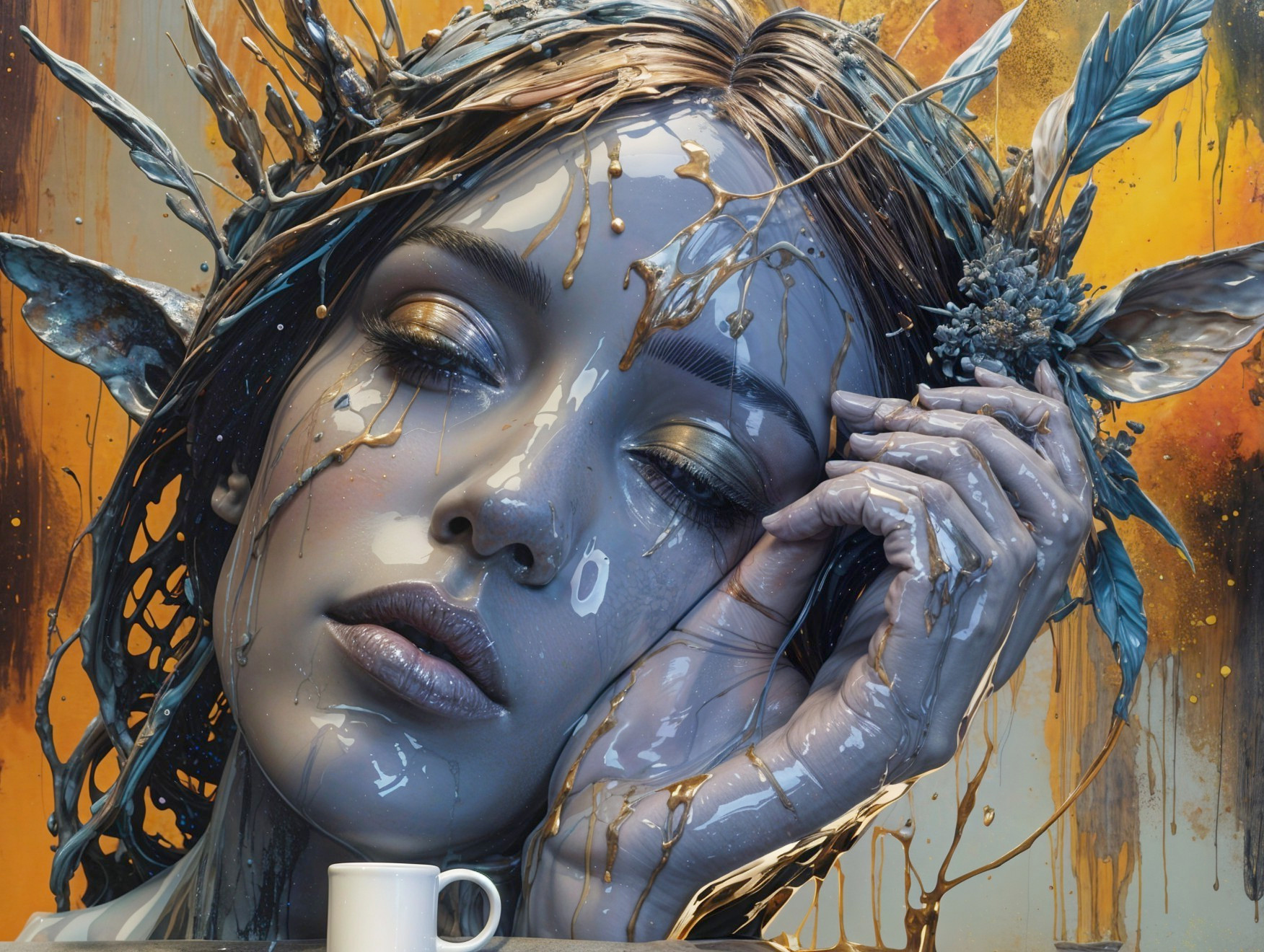 Hyper-realistic sculpture of a woman's face with gold