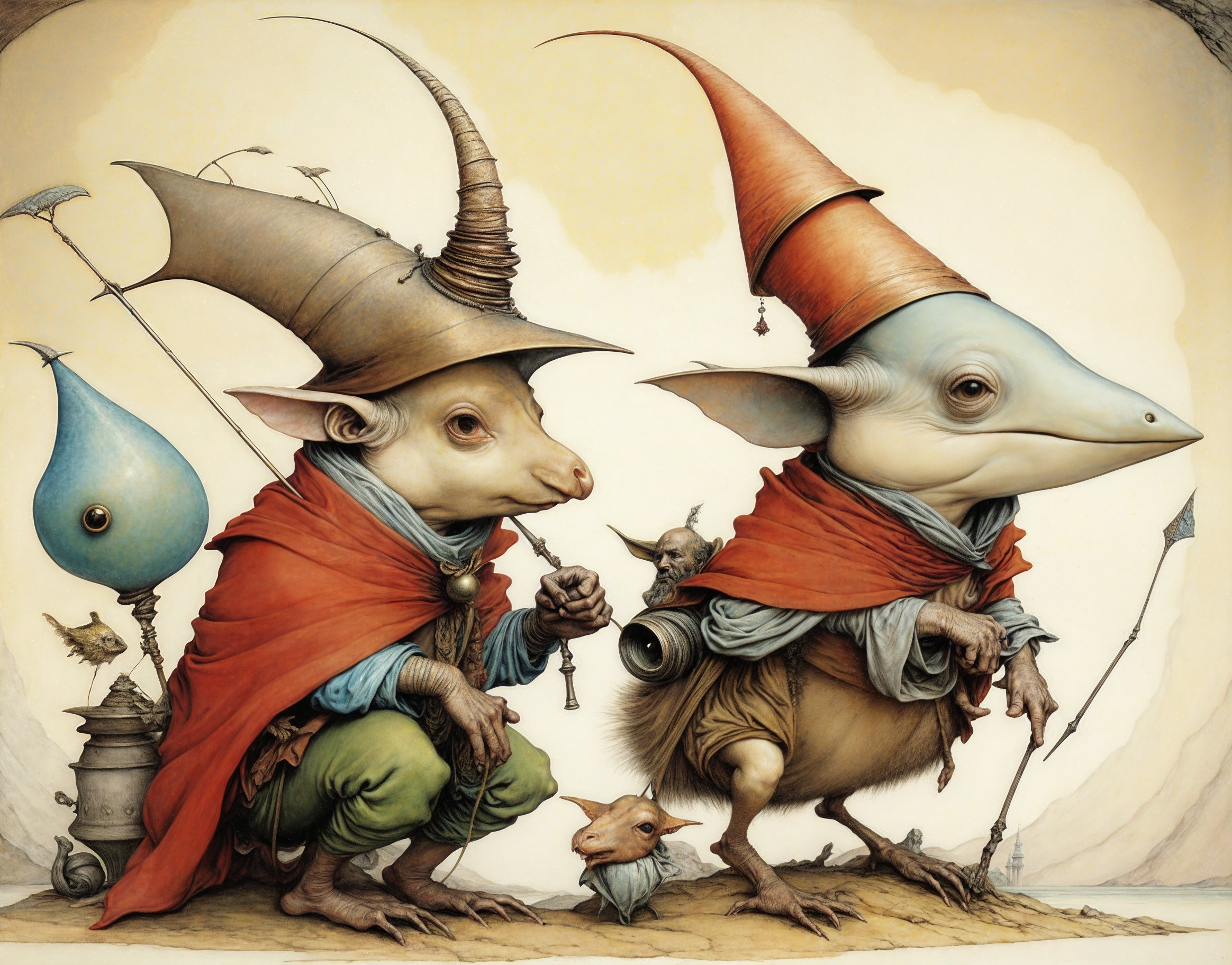 Whimsical Creatures in Cloaks and Pointed Hats