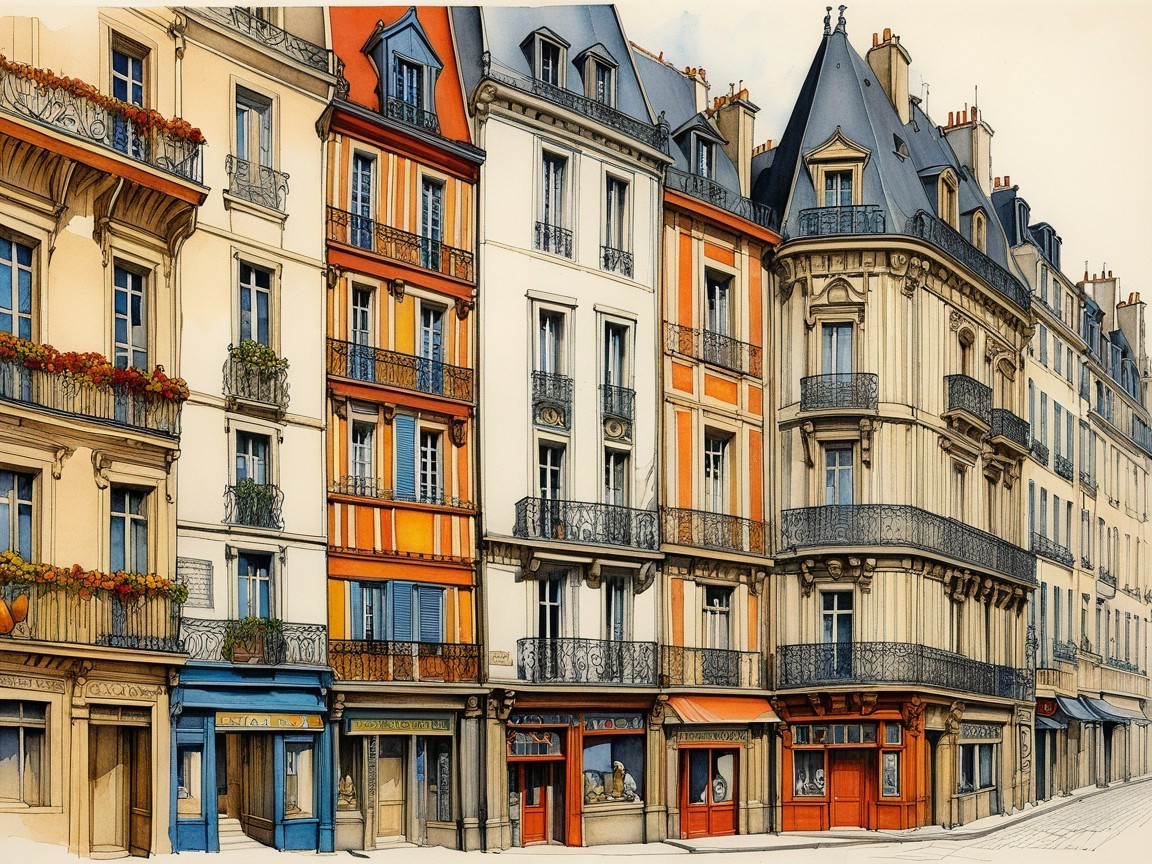 Elegant Parisian Street with Colorful Facades and Balconies