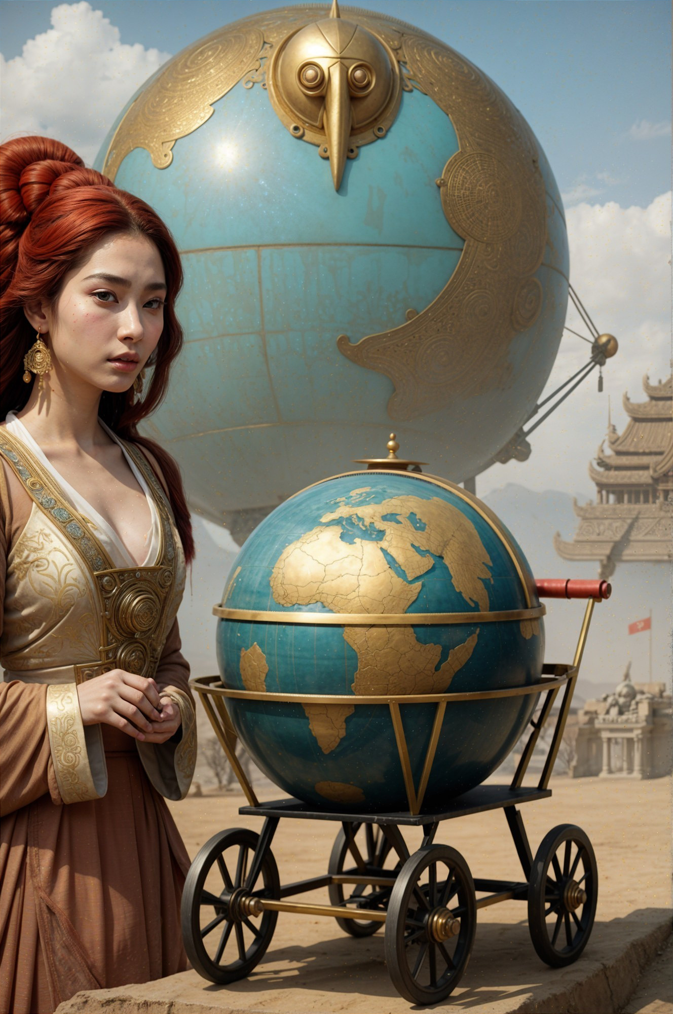 Young woman with red hair beside ornate globe scene