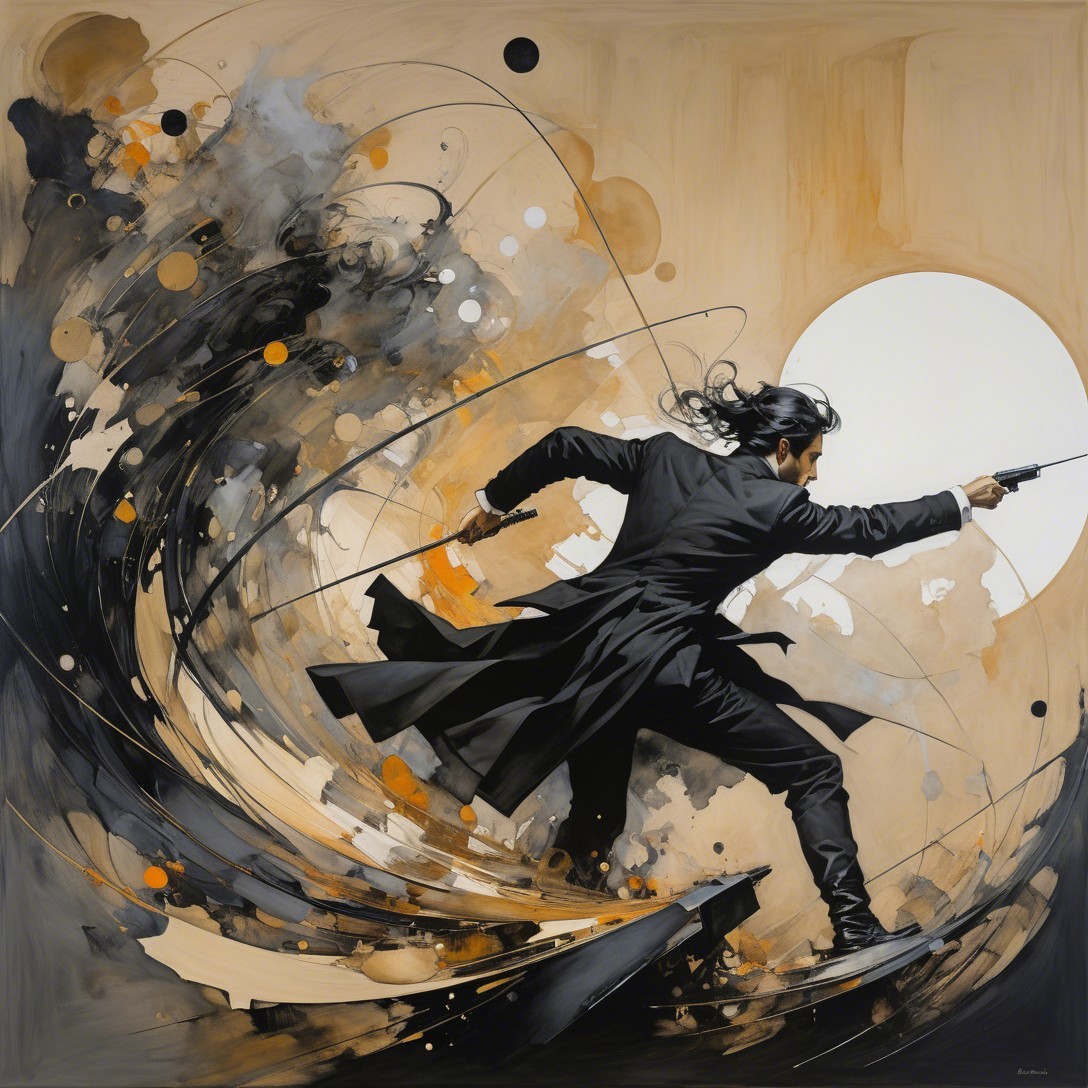 Dynamic Figure Wielding Sword Against Abstract Backdrop