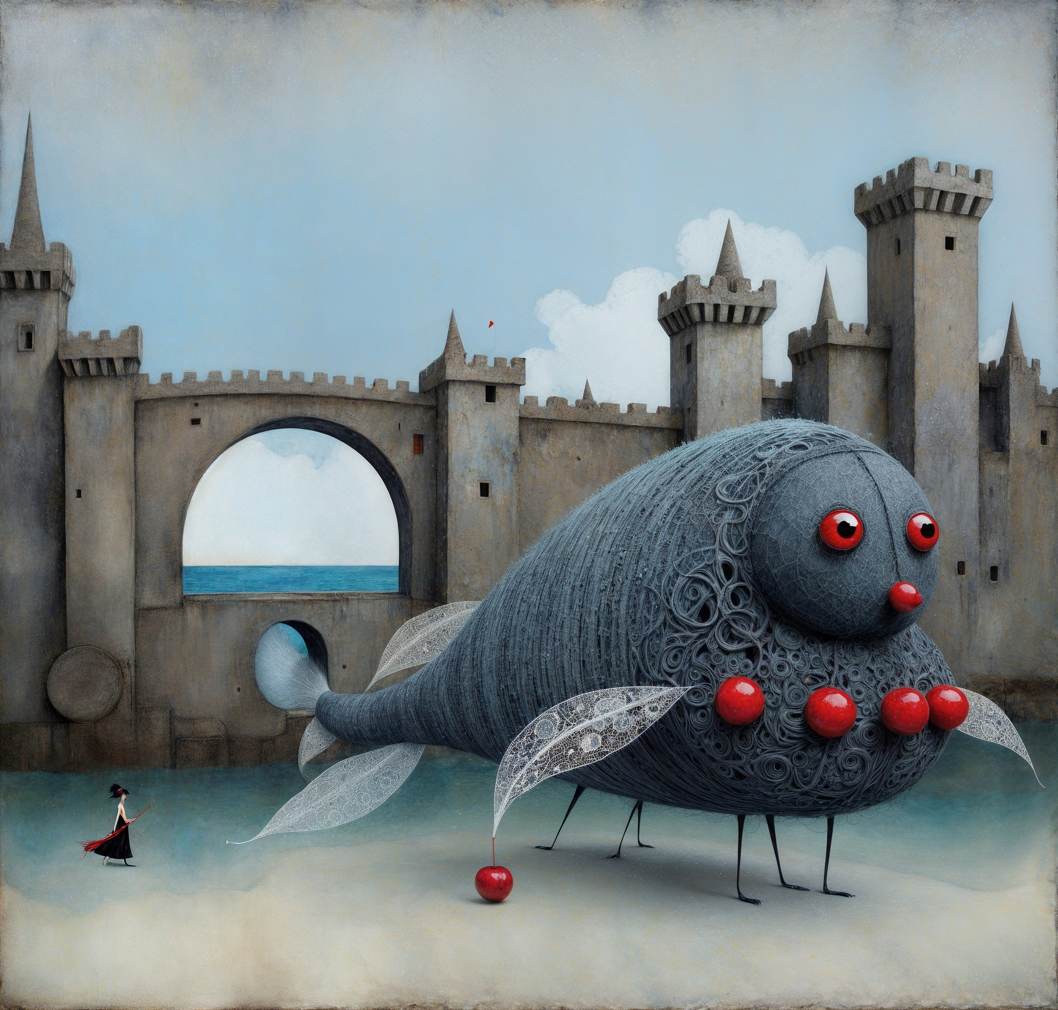 Whimsical Fish and Castle Scene with Flowing Dress