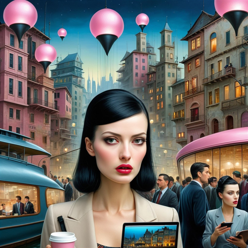 Stylish Woman in Urban Setting with Lanterns and Trams