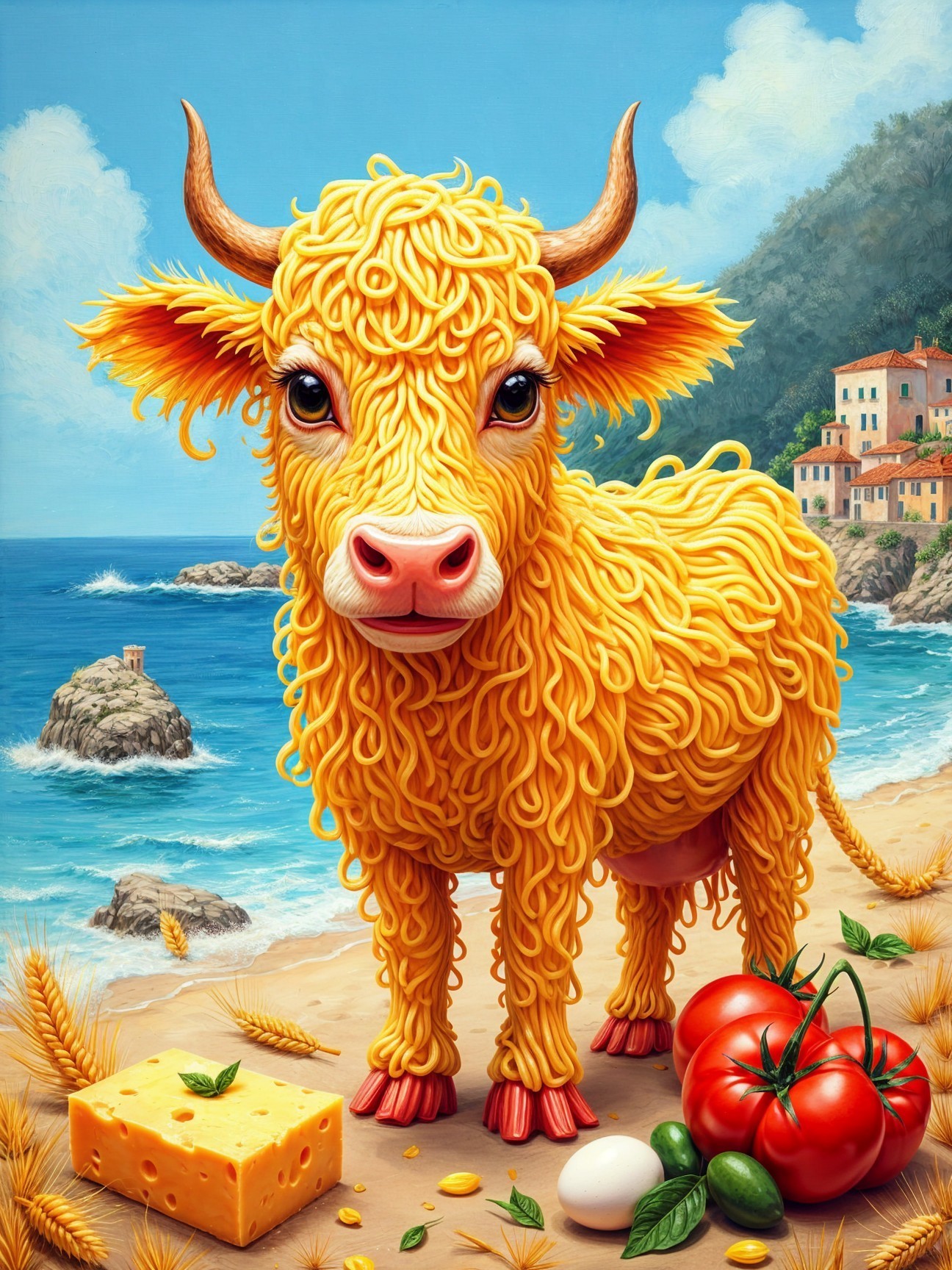 Curly-Haired Cow on Beach with Fresh Produce Display