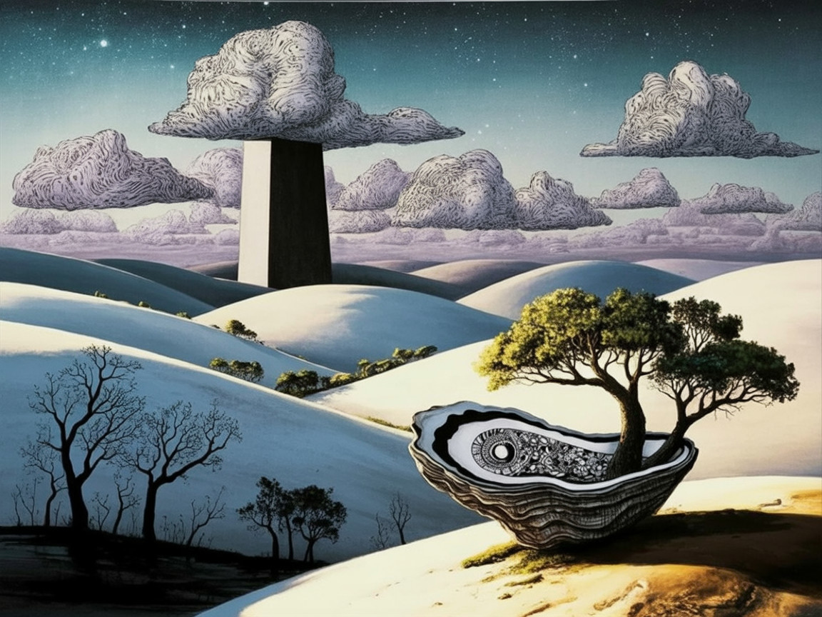 Bizarre Digital Landscape with Twilight Sky and Structures