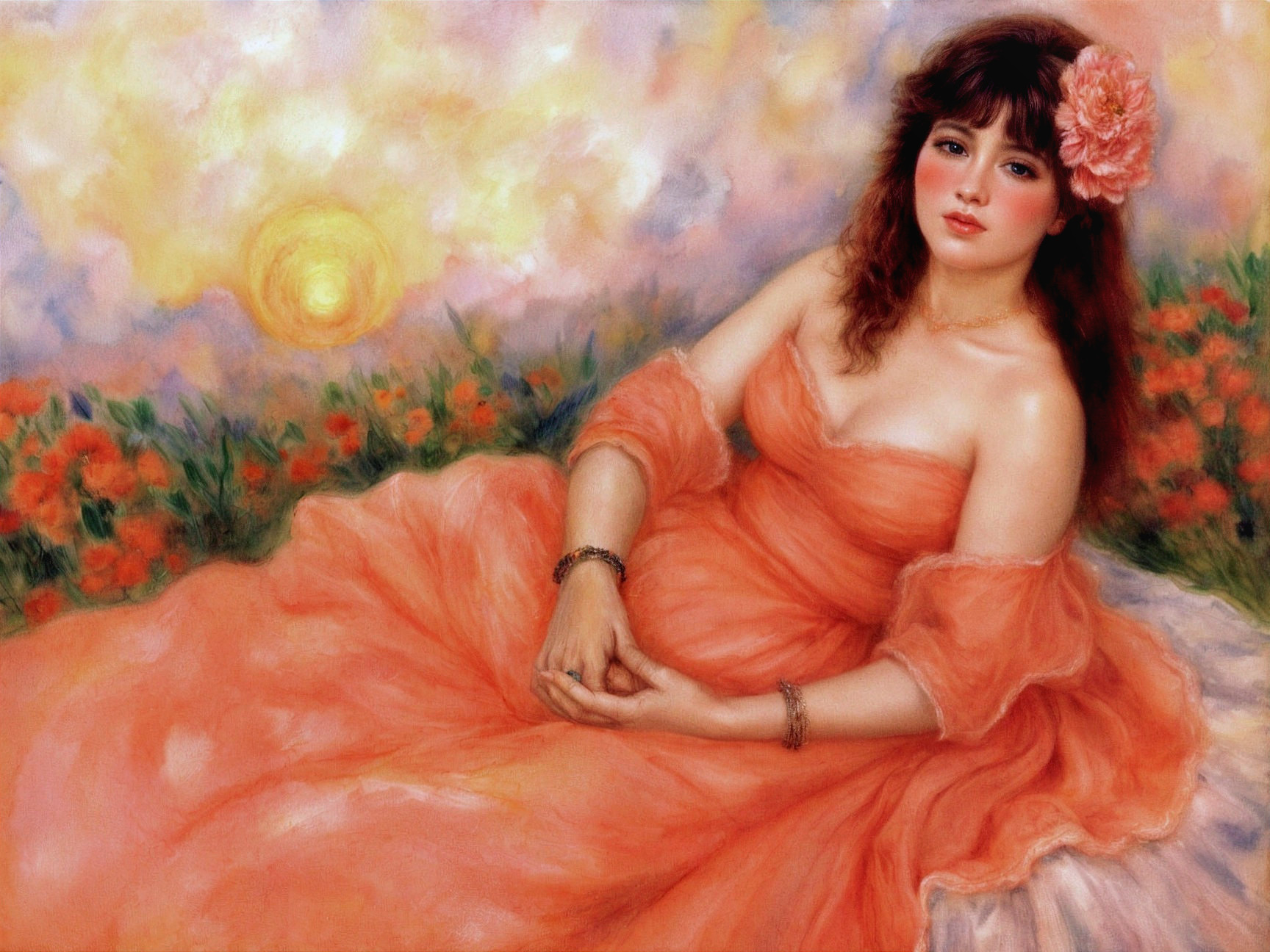 Young Woman in Coral Gown Amidst Vibrant Flowers