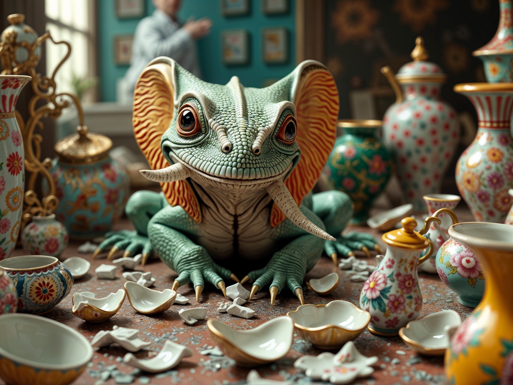 Whimsical Lizard Among Colorful Porcelain Vases