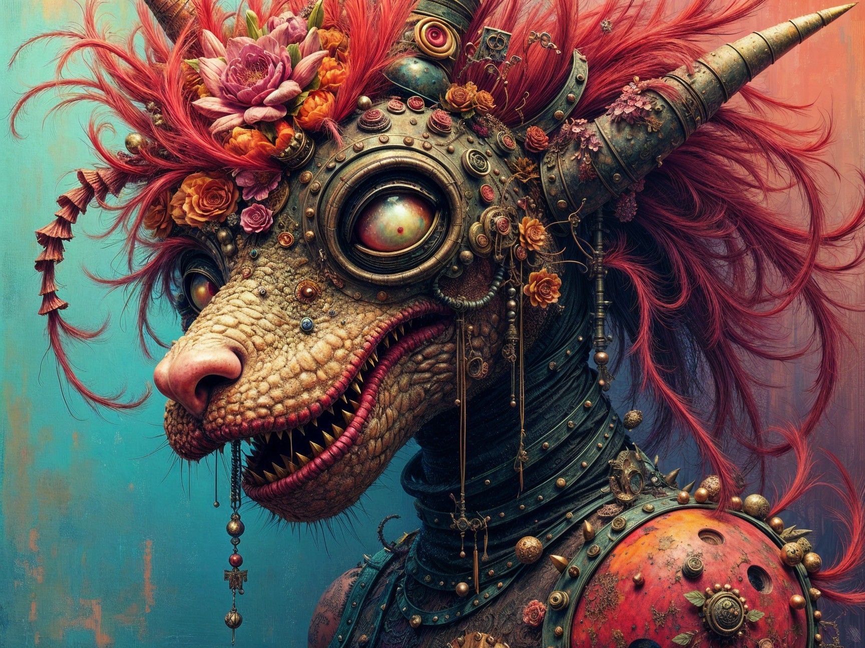 Fantastical creature with red hair and steampunk features