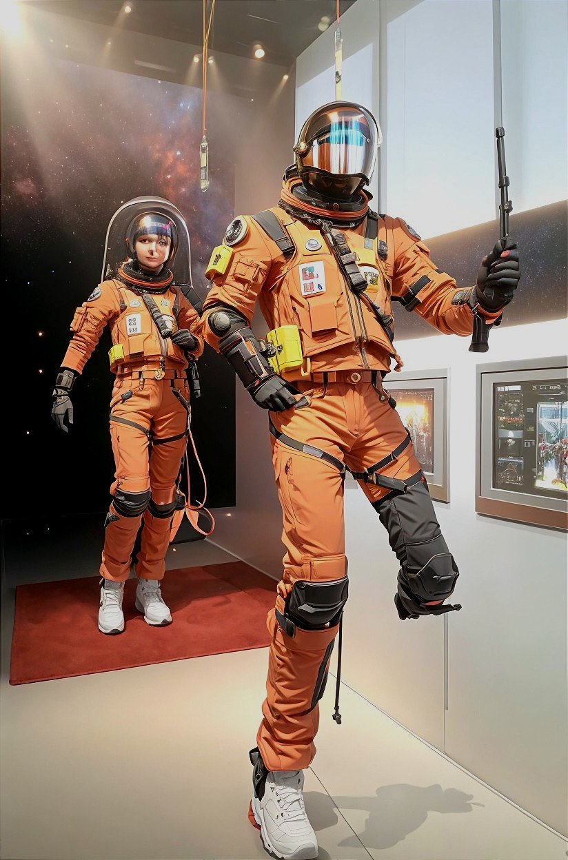 Astronauts in Orange Space Suits in Futuristic Exhibit