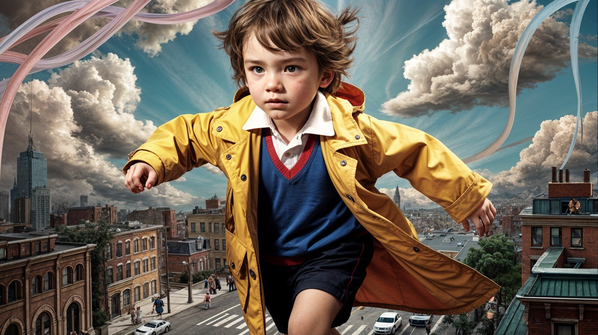 Child in yellow raincoat explores vibrant cityscape