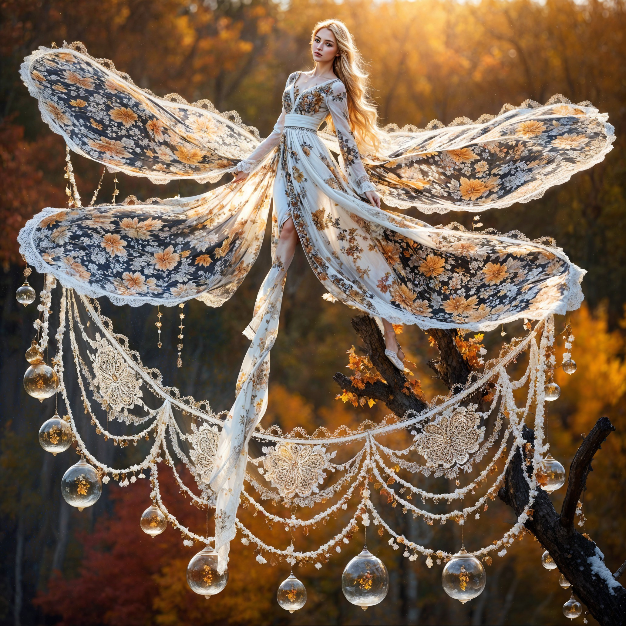 Woman in Ethereal Gown Suspended in Autumn Landscape