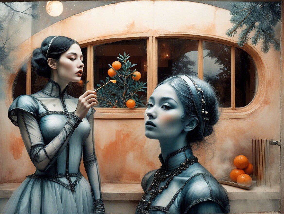 Surreal Scene of Two Women in a Softly Lit Room