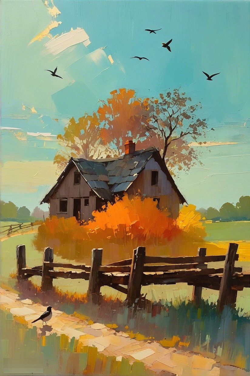 Rustic House Amid Vibrant Autumn Countryside Scene