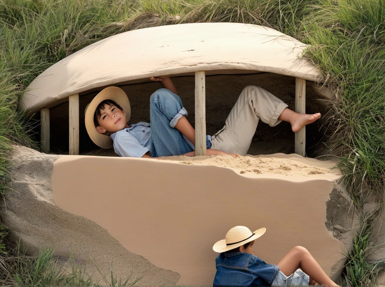 Children Playing in a Sandy Turtle Shell Structure