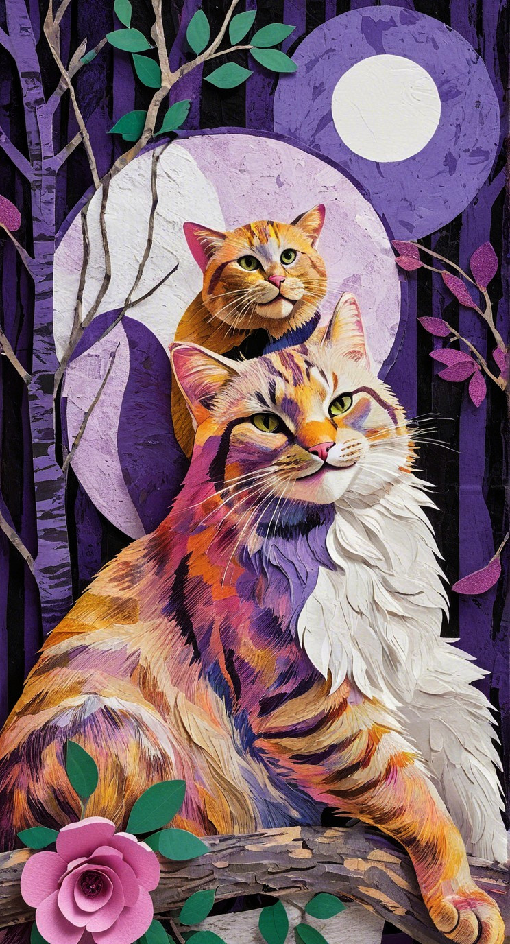 Stylized Cats in Vibrant Colors with Moonlit Forest