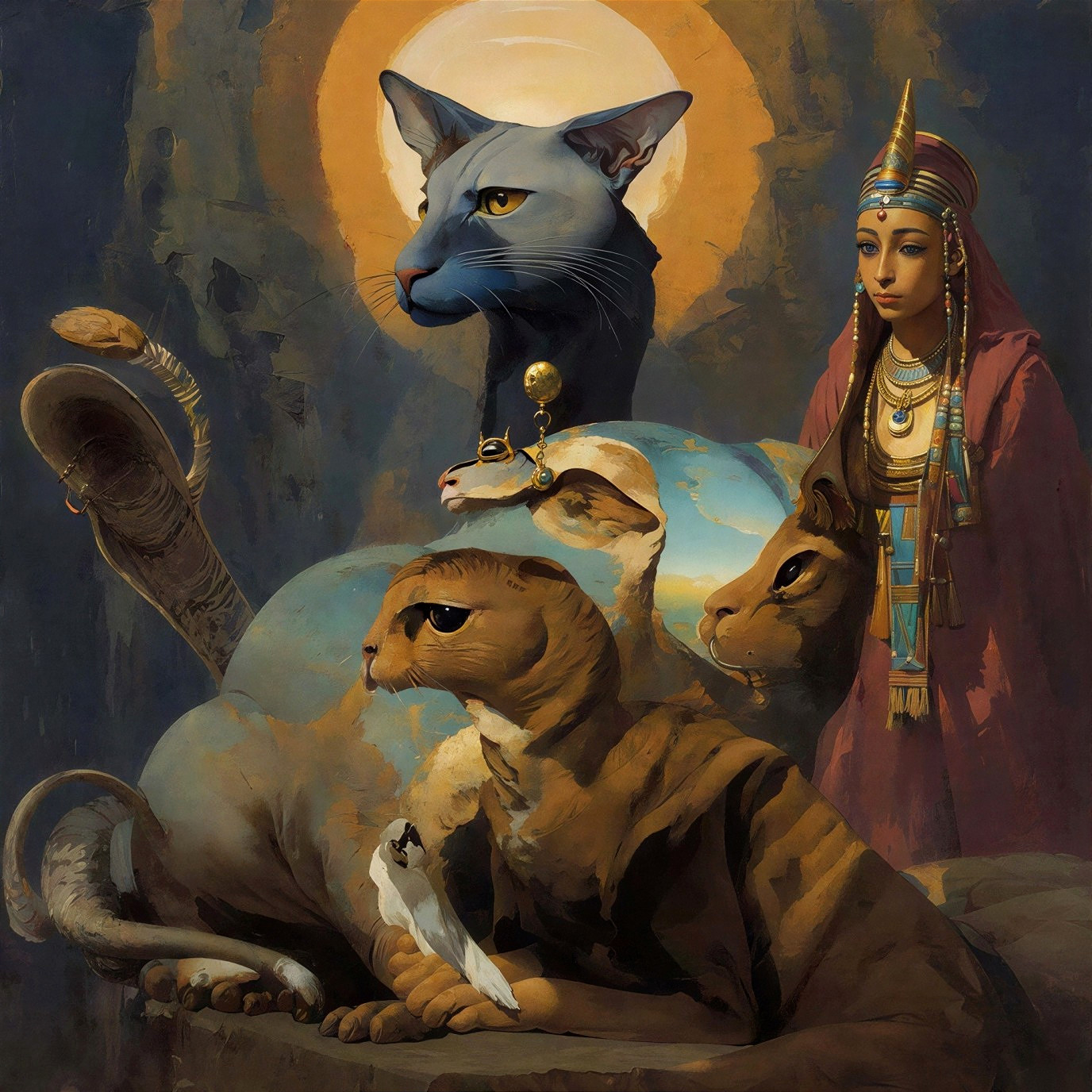 Ancient Egyptian Painting of Woman and Cats