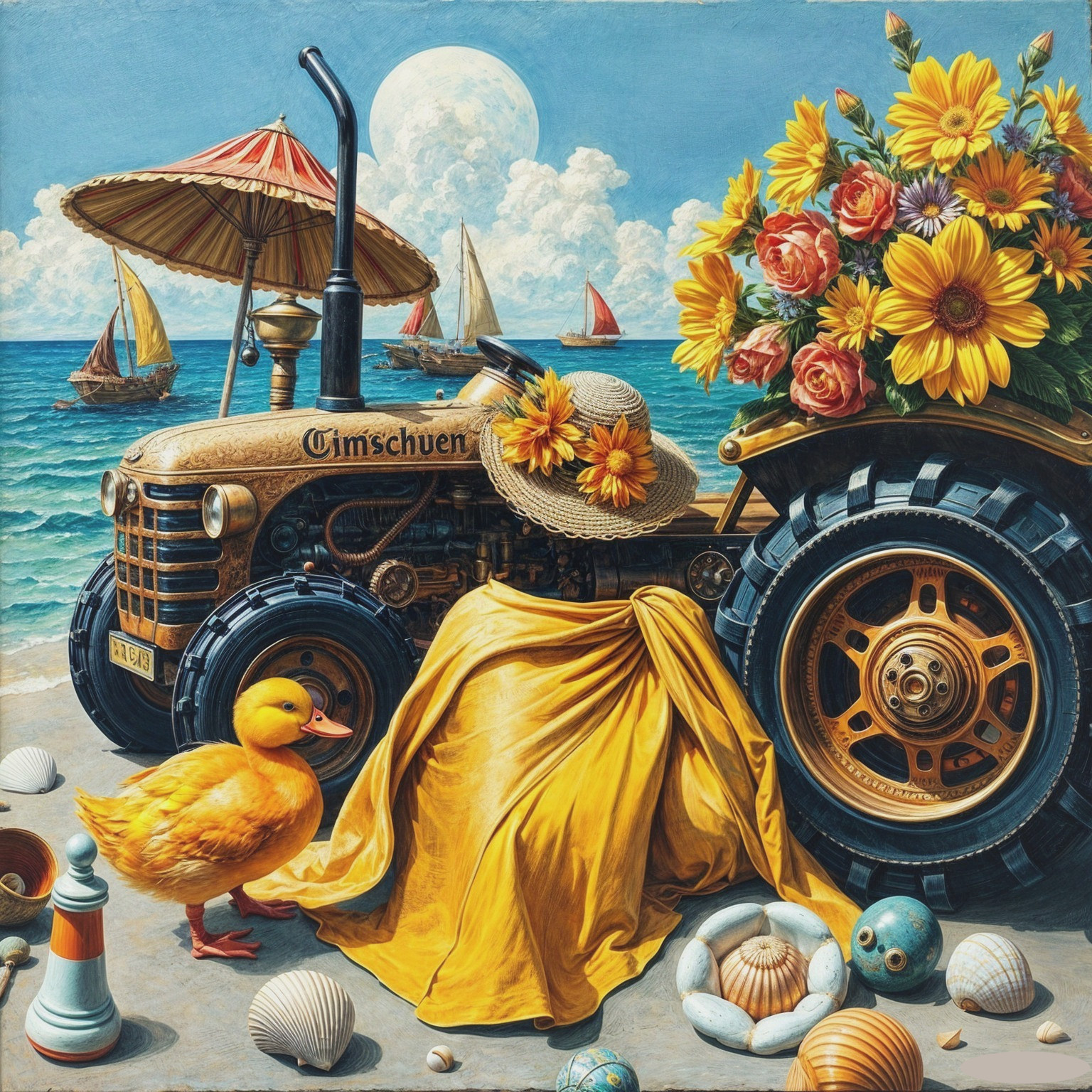Whimsical Beach Scene with Duck and Yellow Tractor
