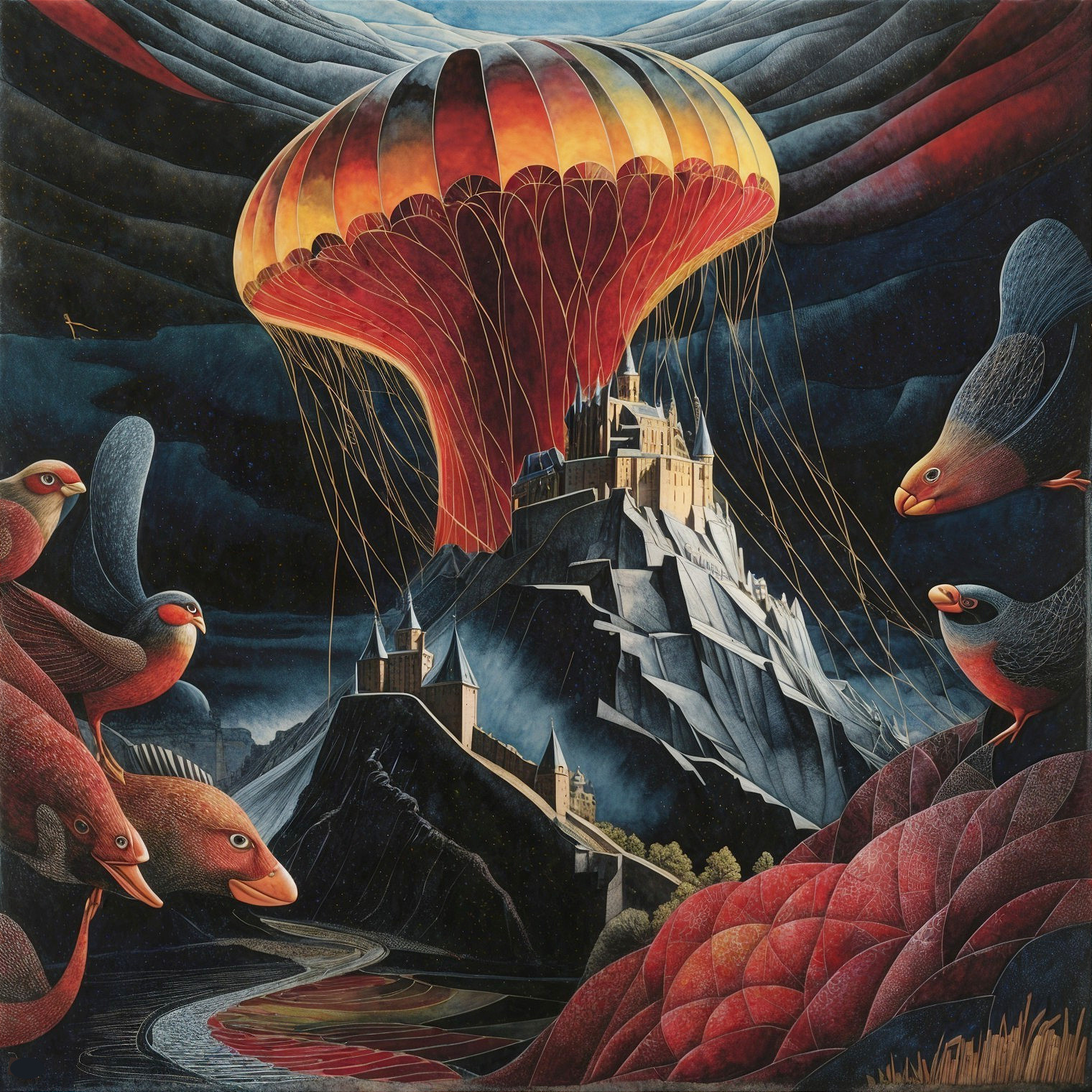 Surreal Castle Landscape with Vibrant Elements