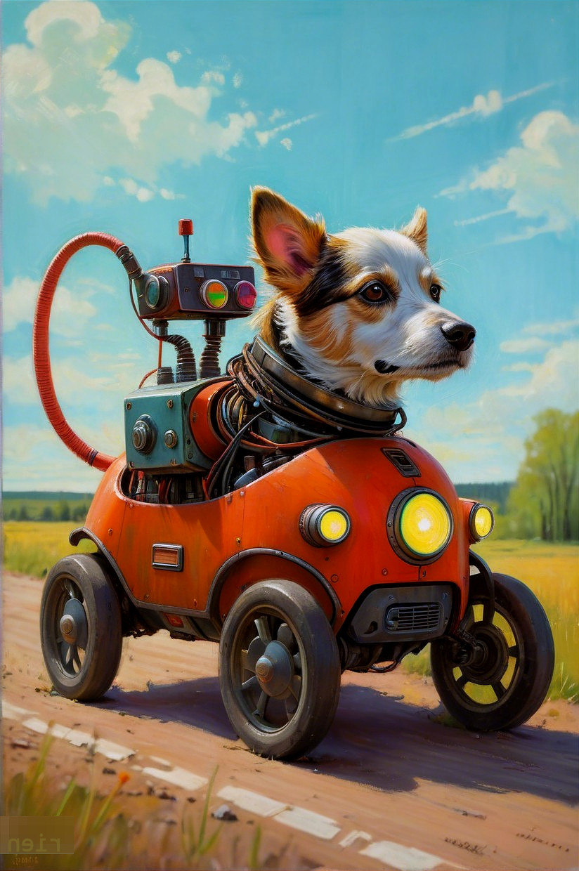 Whimsical robotic dog in a futuristic orange vehicle