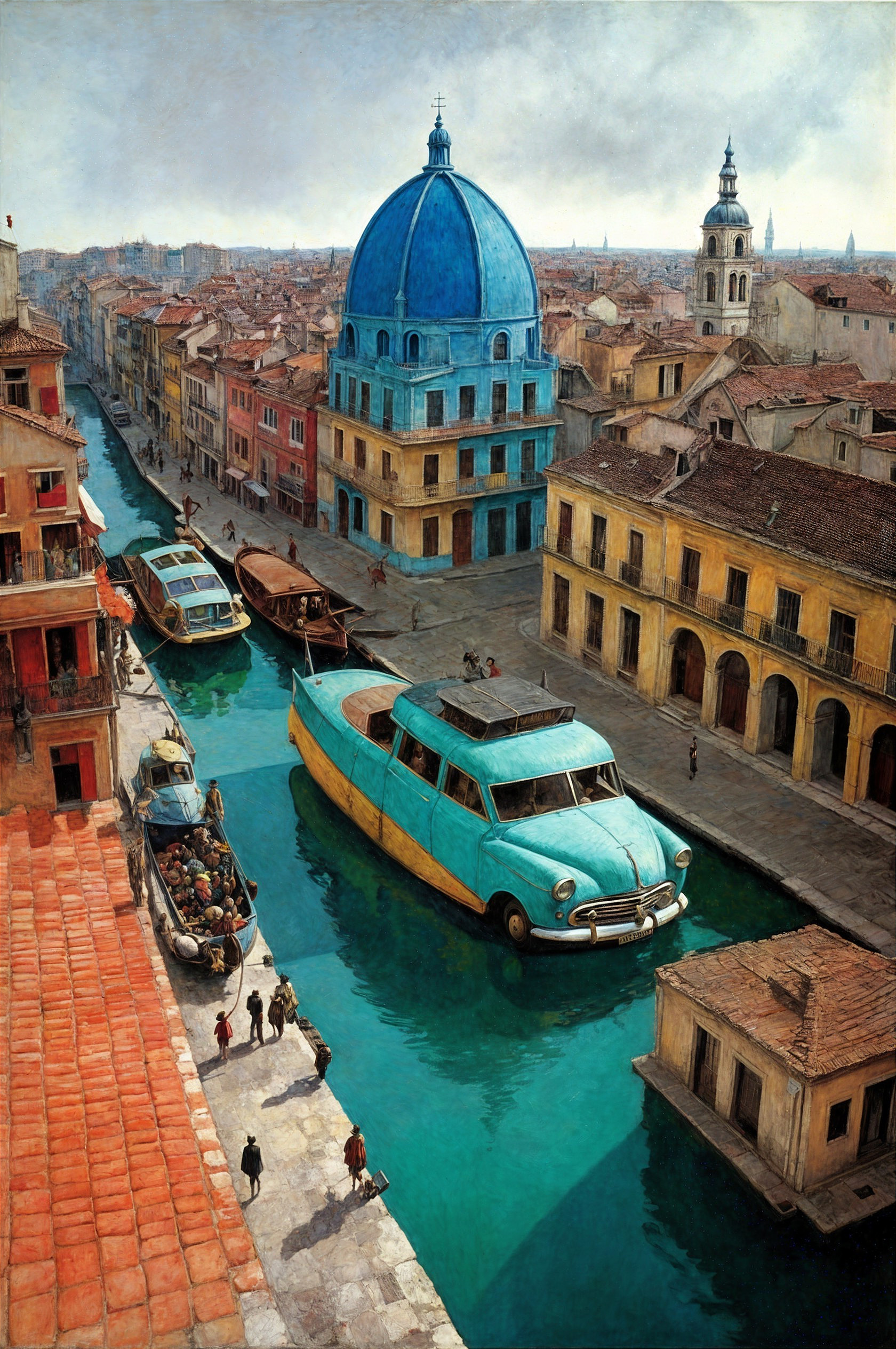 Surreal Cityscape with Colorful Buildings and Canal
