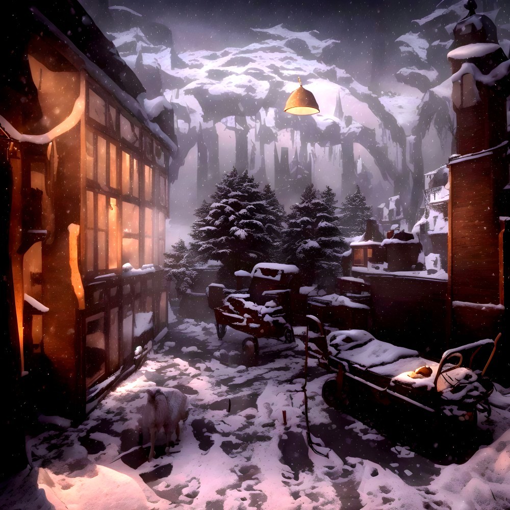 Serene Winter Scene in a Quaint Snowy Village