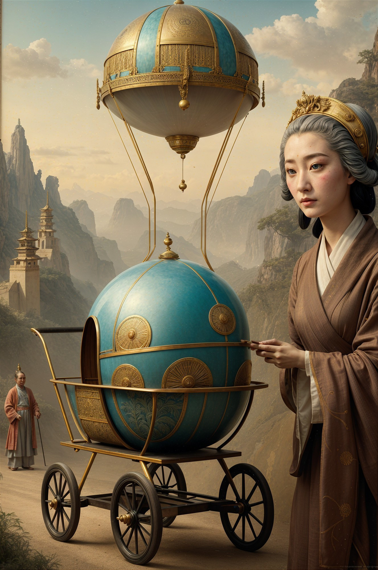 Woman in Traditional Attire by Ornate Cart and Balloon