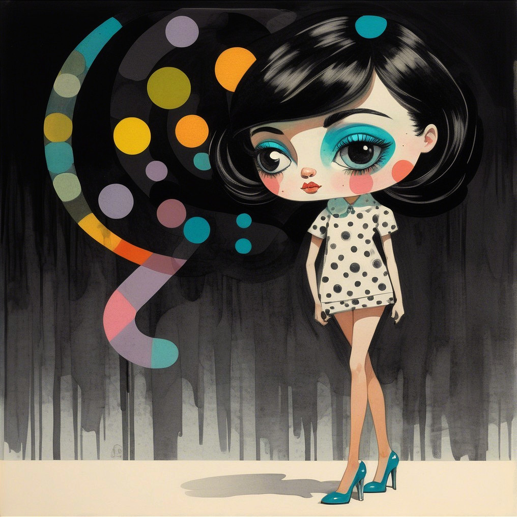 Stylized girl with polka dots and colorful swirls