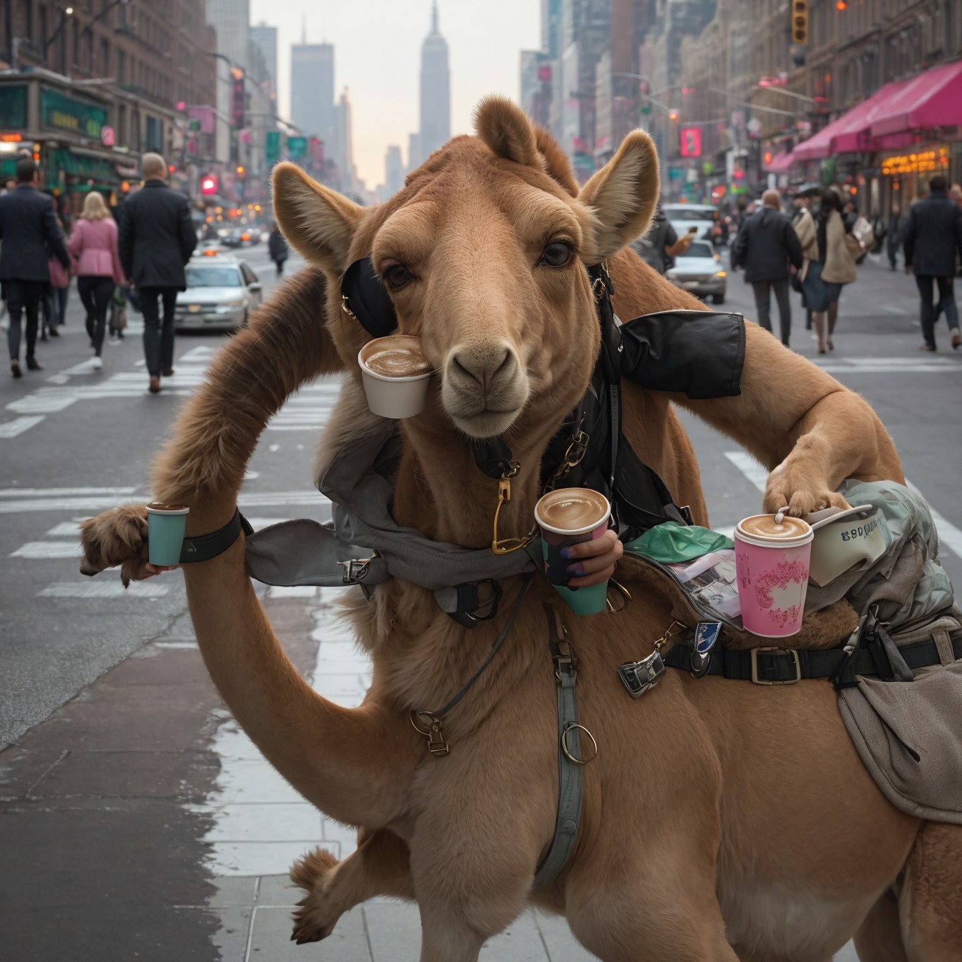 Camel with Coffee Cups in New York City Street