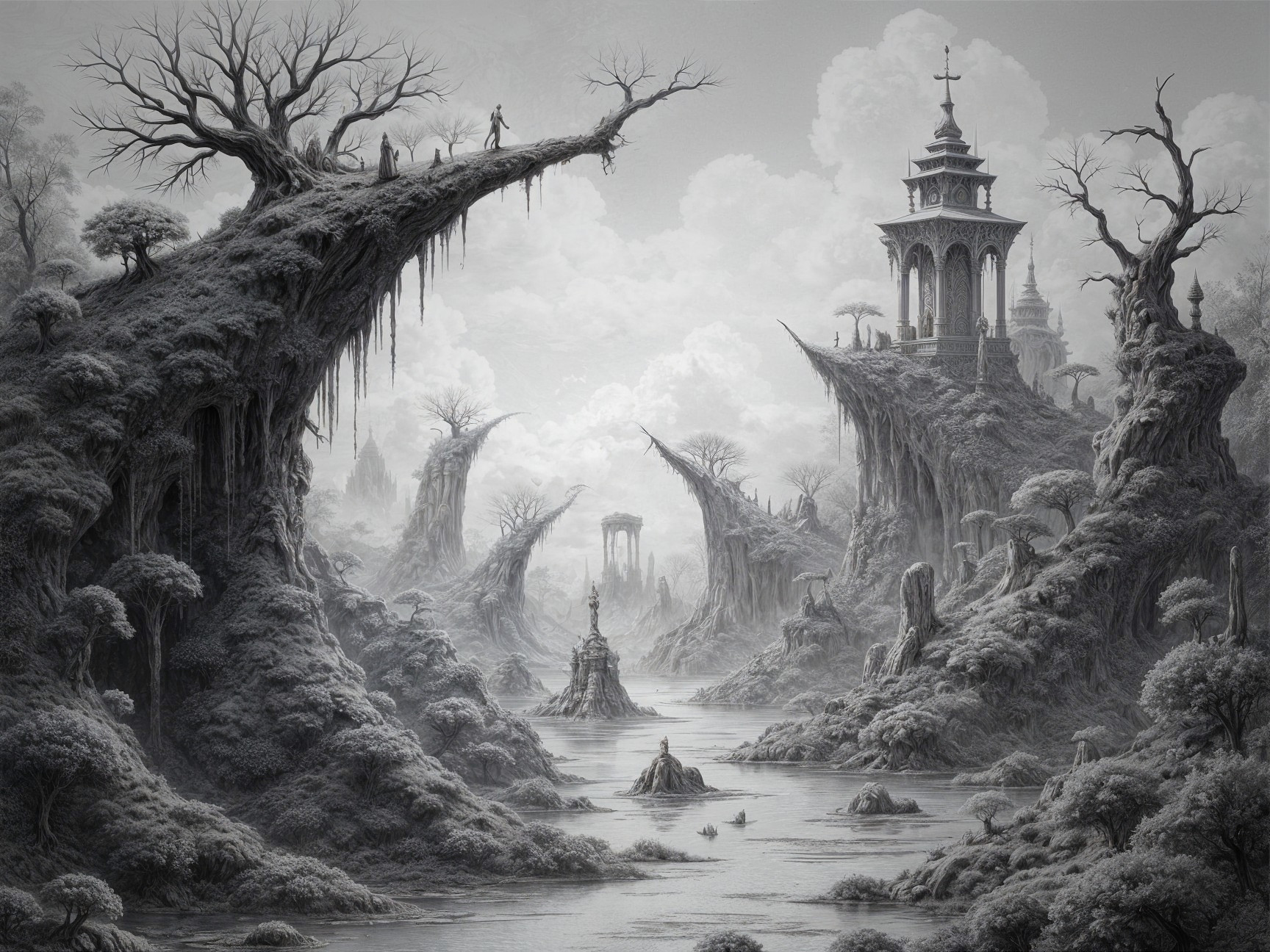 Surreal Gray Landscape with Cliffs and Ancient Structures