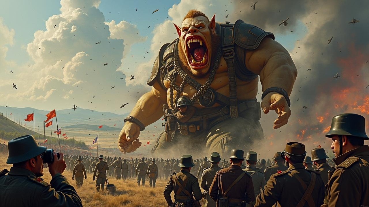 Colossal Orc Overwhelms Soldiers in Battlefield Scene