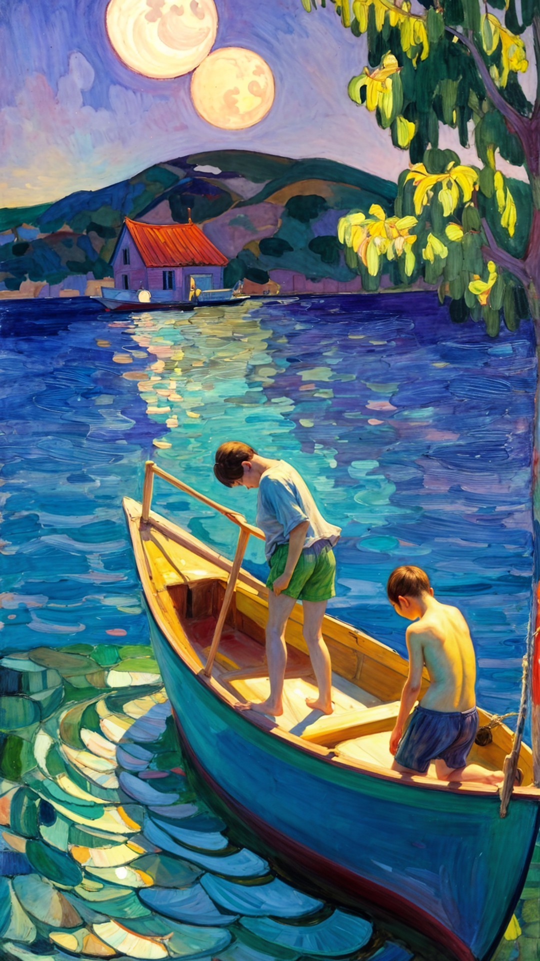 Boys in Boat Under Dual Moons and Dreamlike Landscape