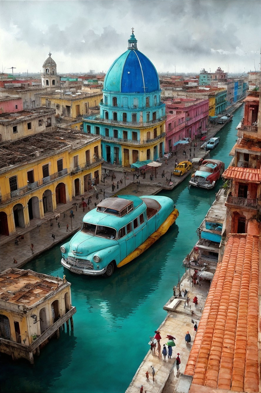 Vibrant Urban Canal Scene with Colorful Cityscape