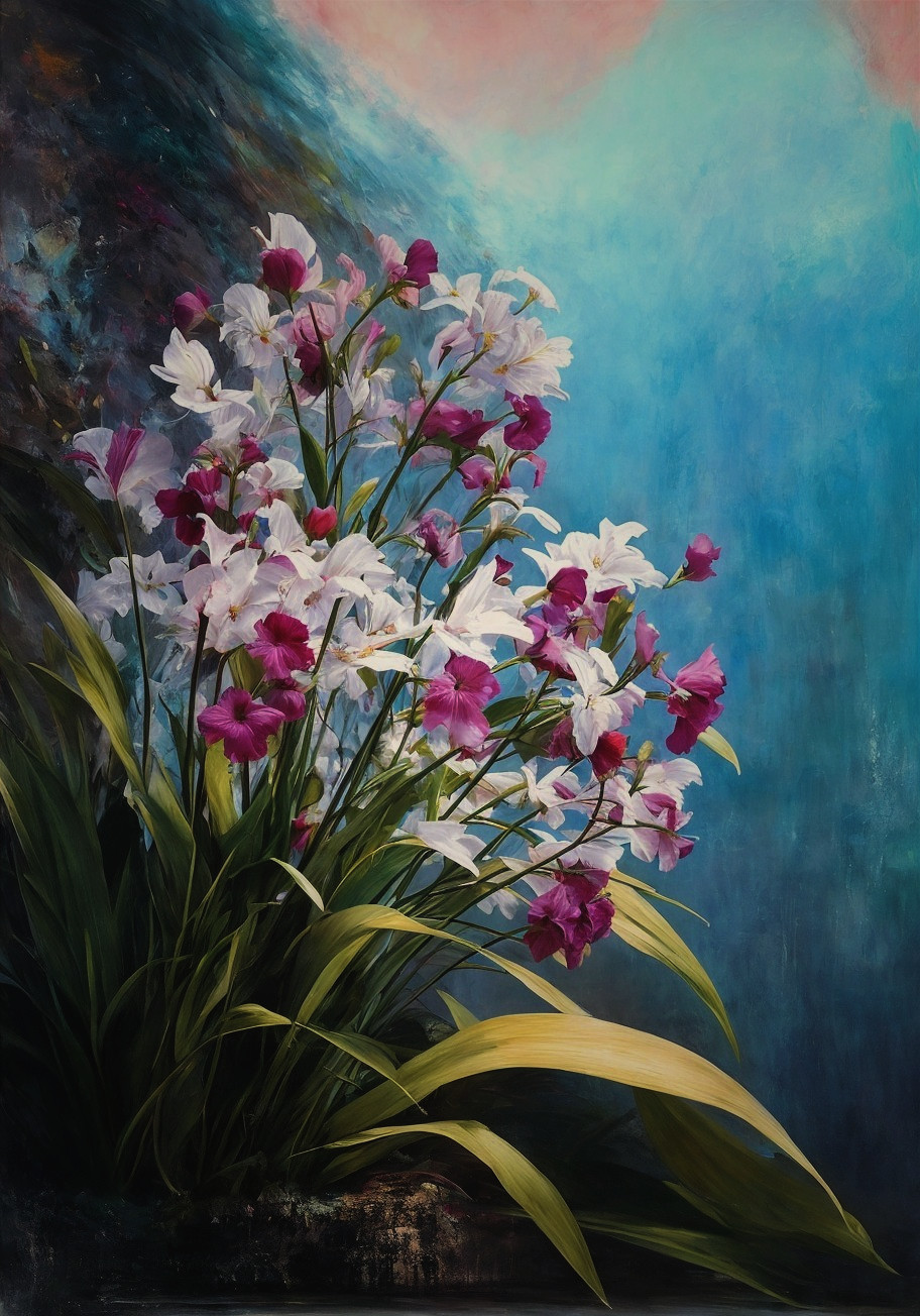 Oil Painting of White Orchids on Light Blue Background