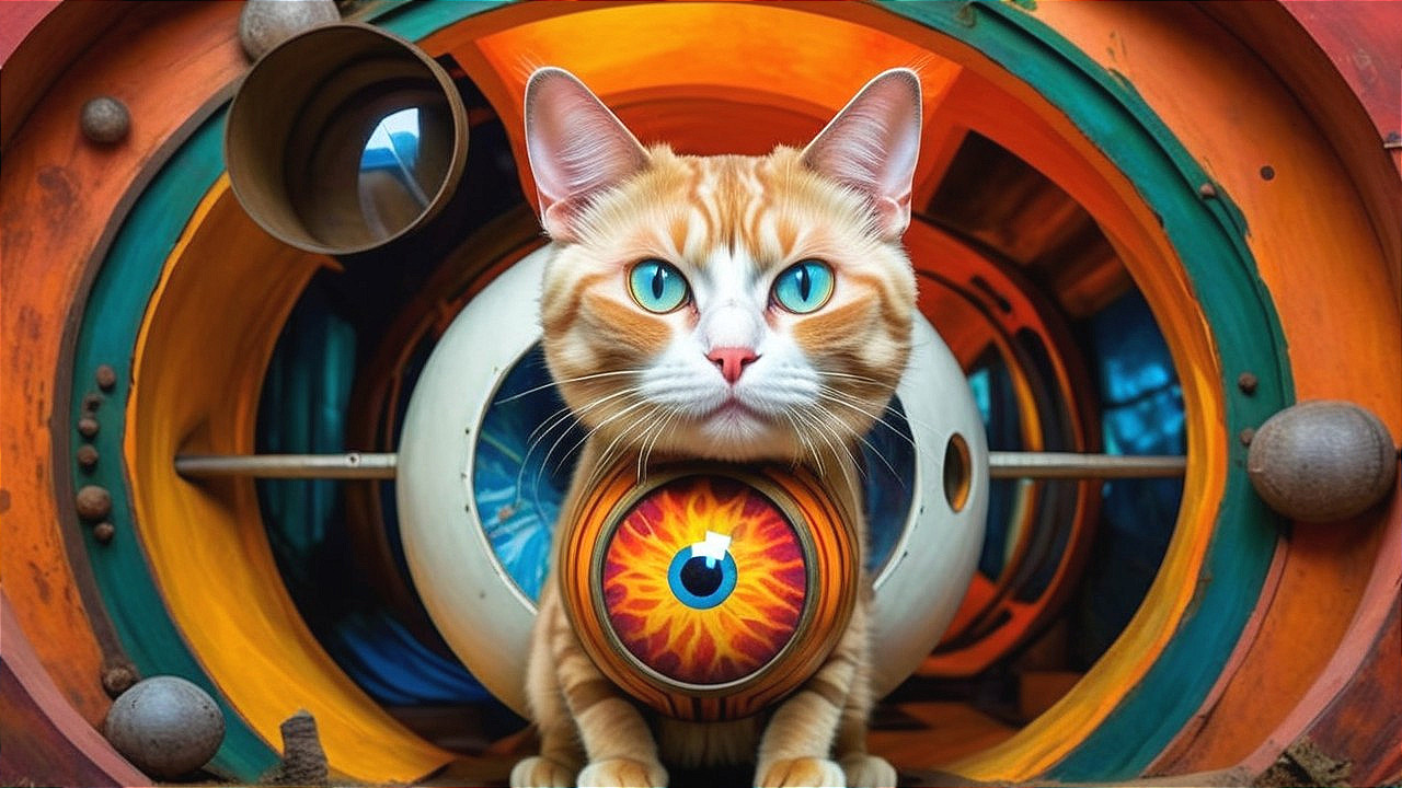 Whimsical Orange Tabby Cat in Colorful Surroundings