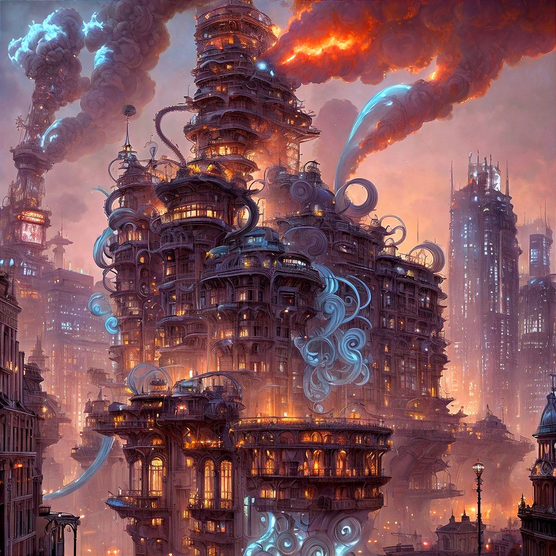 Steampunk Cityscape with Dramatic Lighting and Smoke