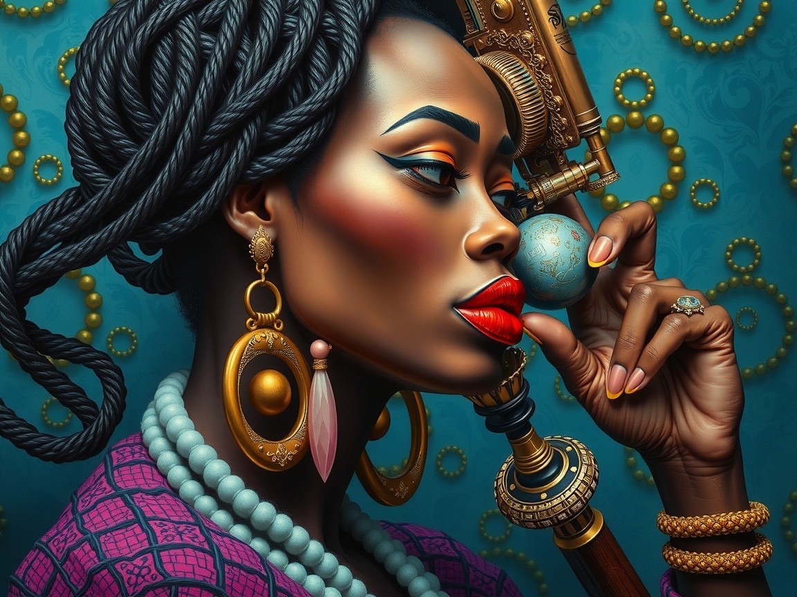 Portrait of a woman with textured braids and globe