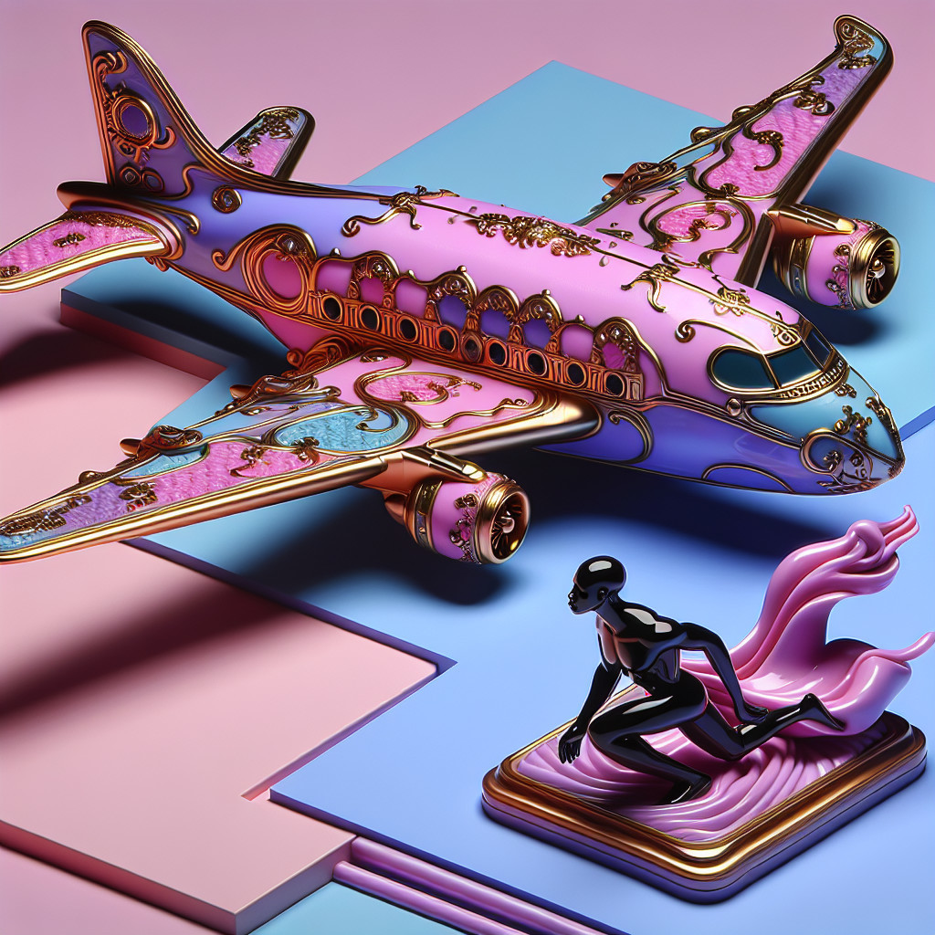 Whimsical Airplane with Futuristic Figure and Geometric Shapes