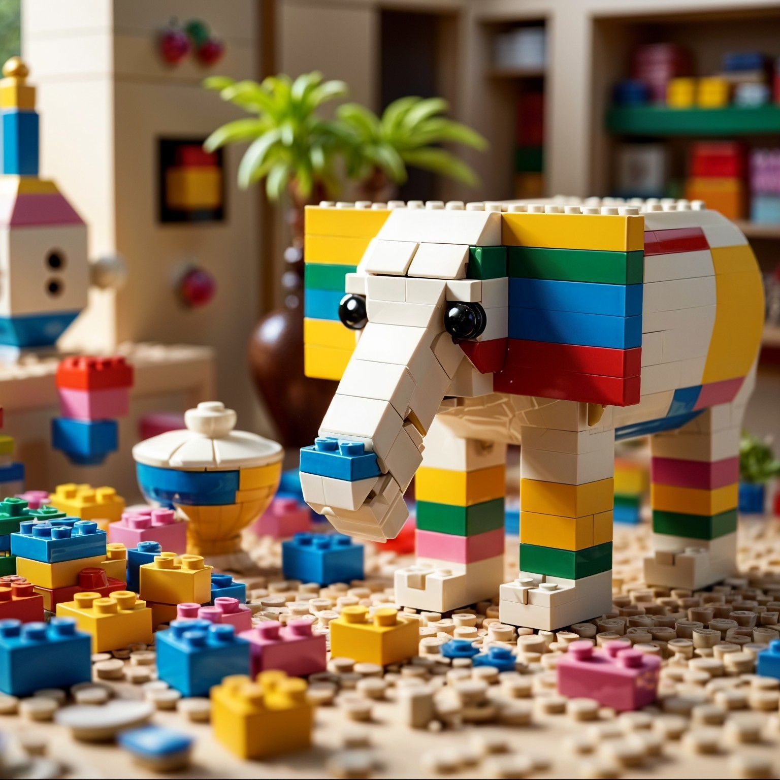 Colorful LEGO Elephant in a Vibrant Playroom Setting