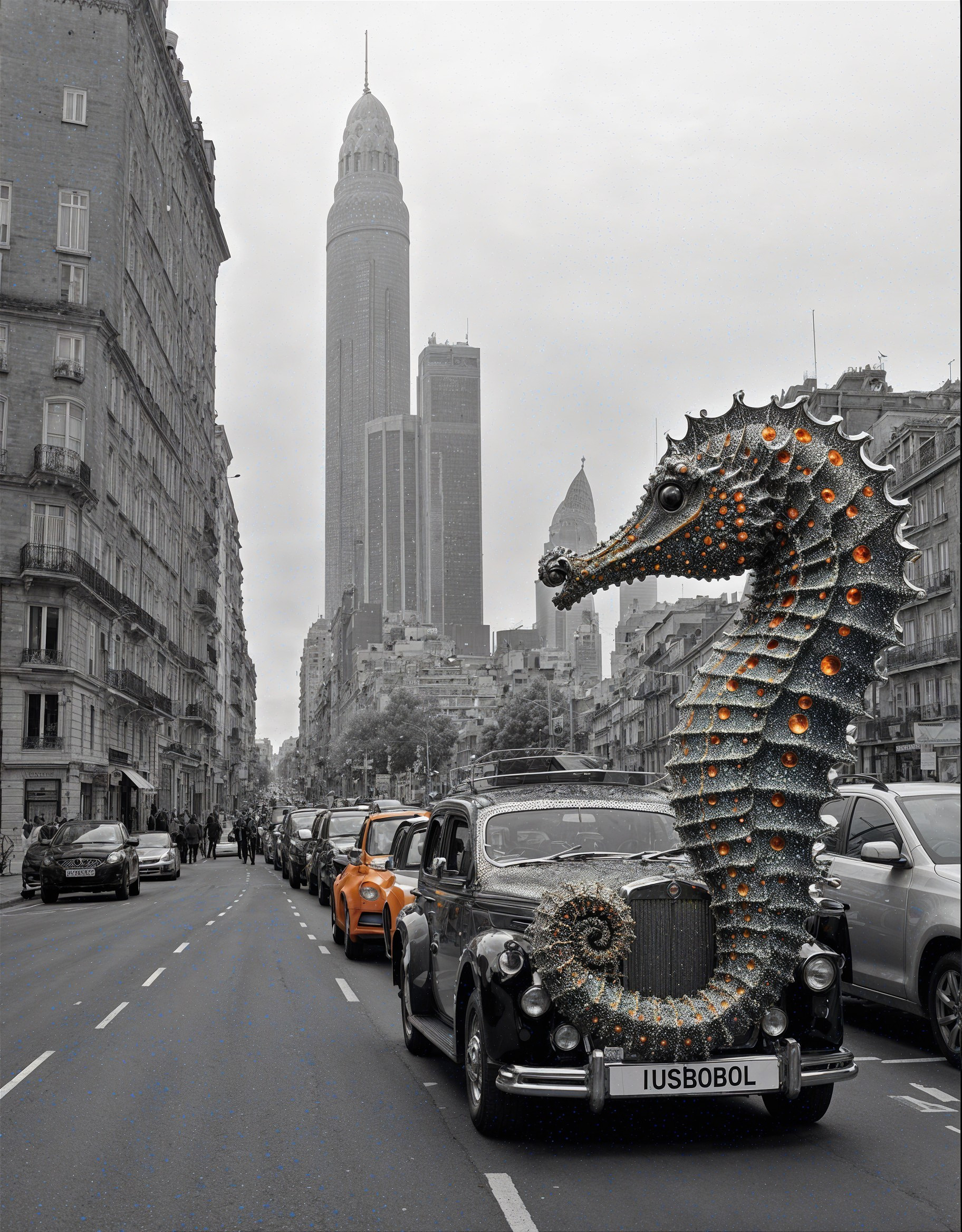 Surreal Urban Scene with Classic Cars and Seahorse Sculpture