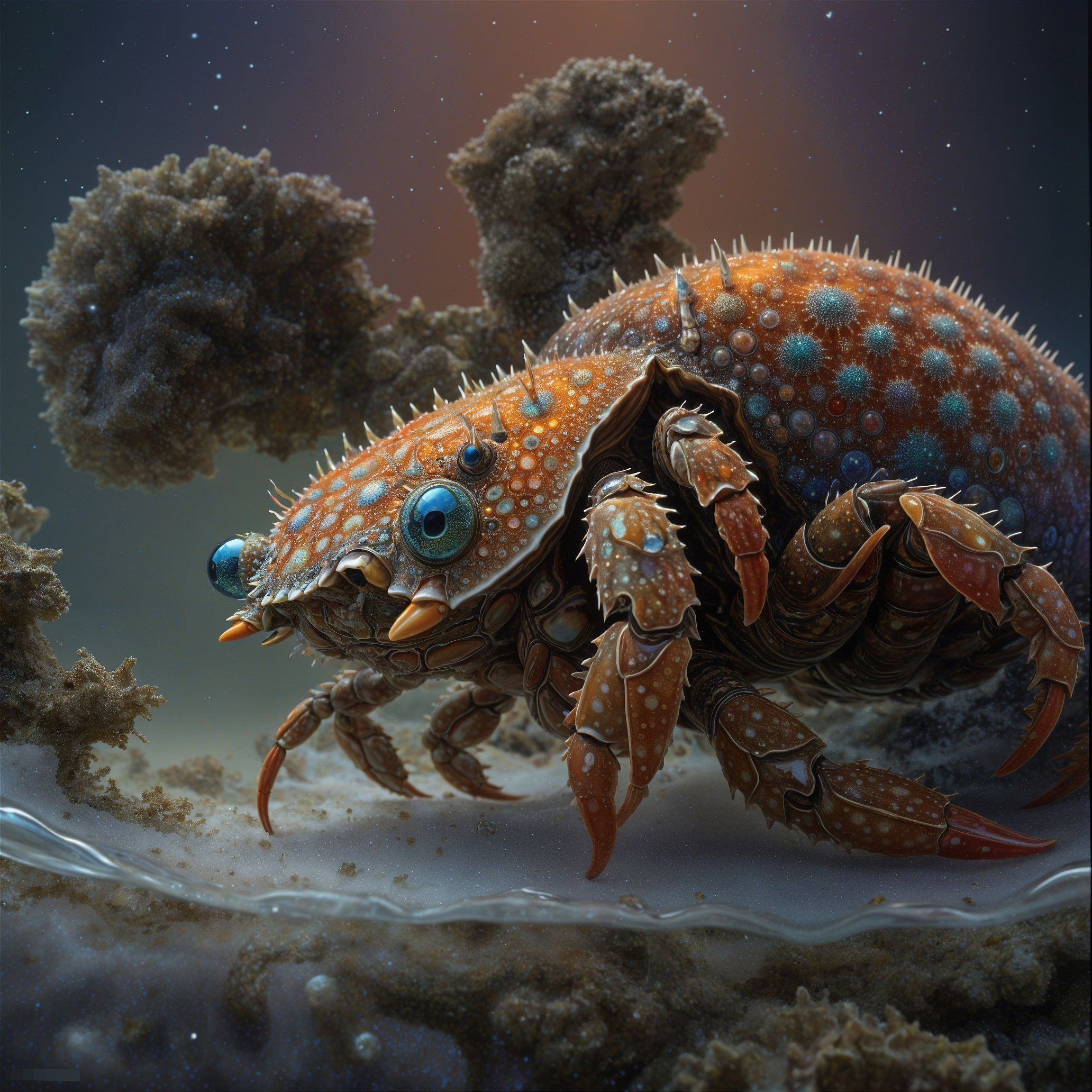 Surreal Underwater Scene with Vibrant Crab and Coral