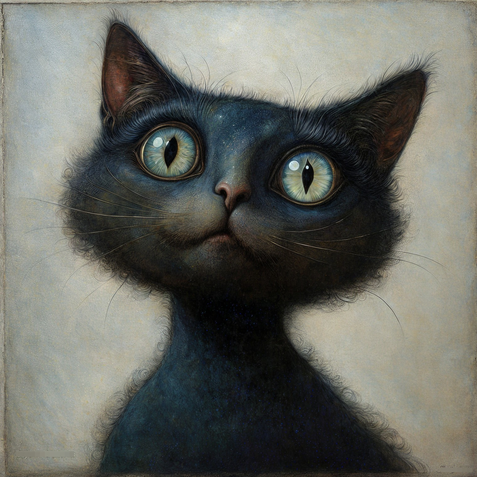 Large-eyed black cat with whimsical features and charm