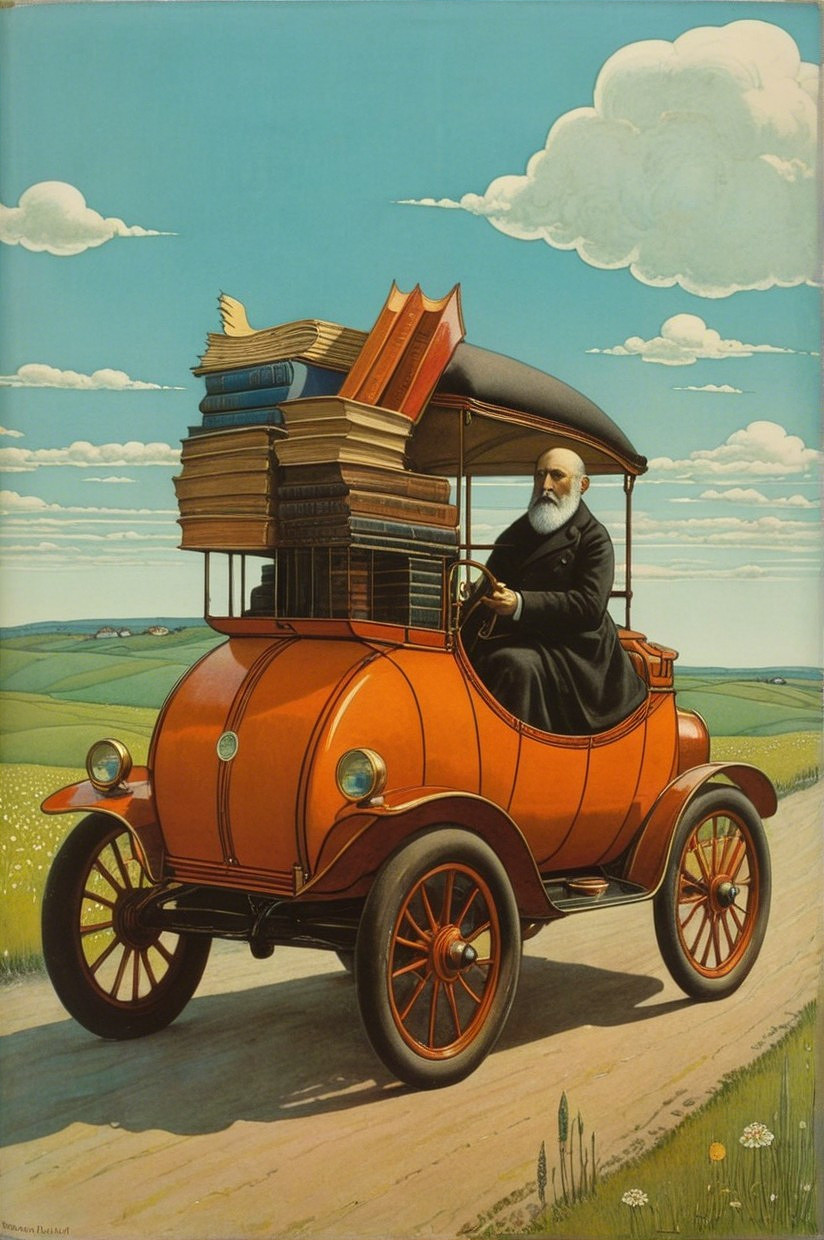 Whimsical Illustration of Man in Antique Orange Car