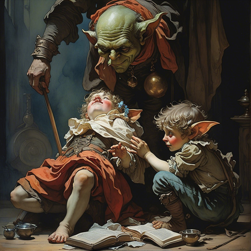 Goblin Encounter in a Dimly Lit Room with Children