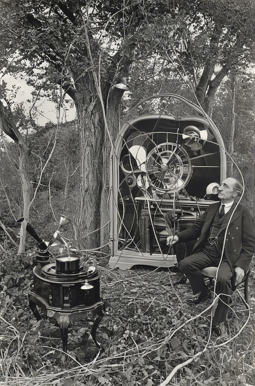 Surreal Black-and-White Scene of Man in Nature with Machine