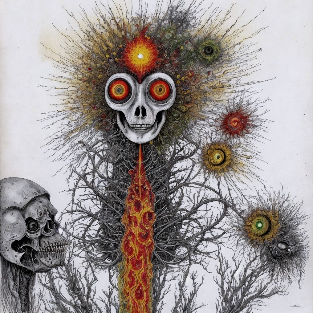 Surreal Scene with Skull Figure and Colorful Energy