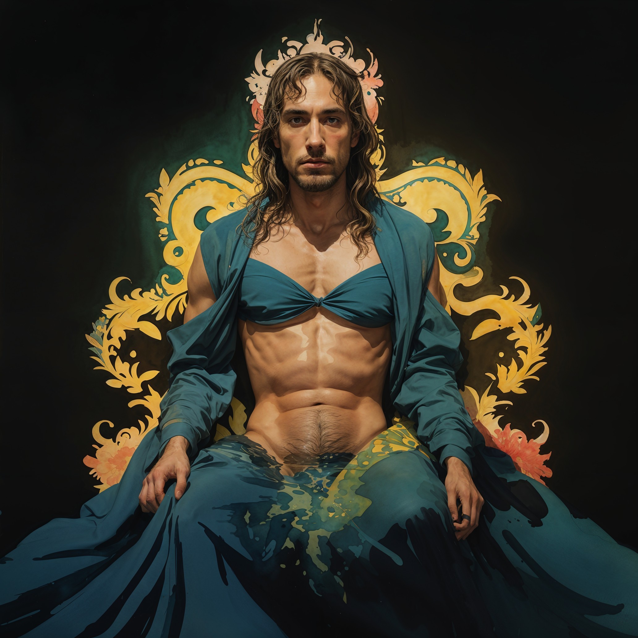 Muscular Figure in Blue Outfit Against Colorful Background