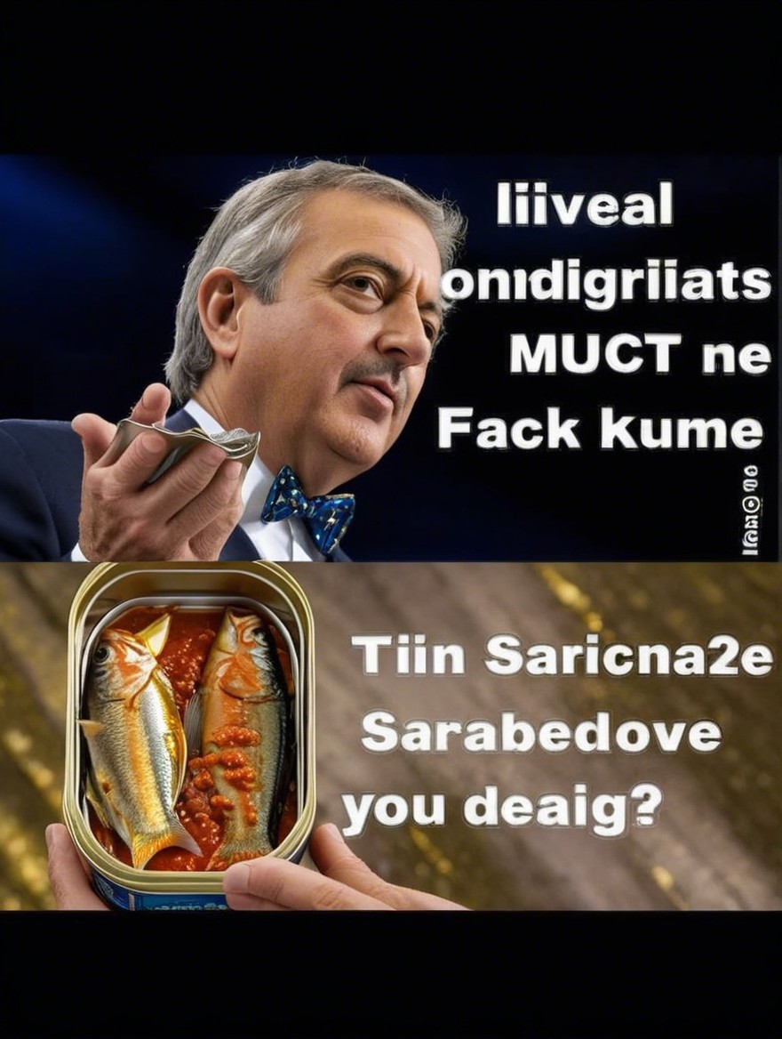 Man in Suit with Fork and Whimsical Seafood Text